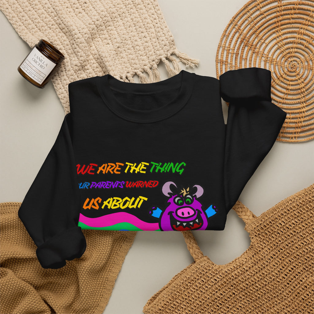 Crewneck Sweatshirt — Cute Rainbow Cow "We Are The Thing Our Parents Warned Us About" Graphic