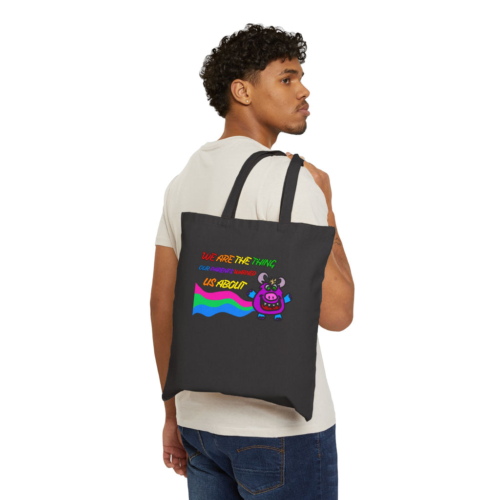 Cute Cow Canvas Tote Bag — "We Are The Thing" Rainbow Graphic Grocery Tote