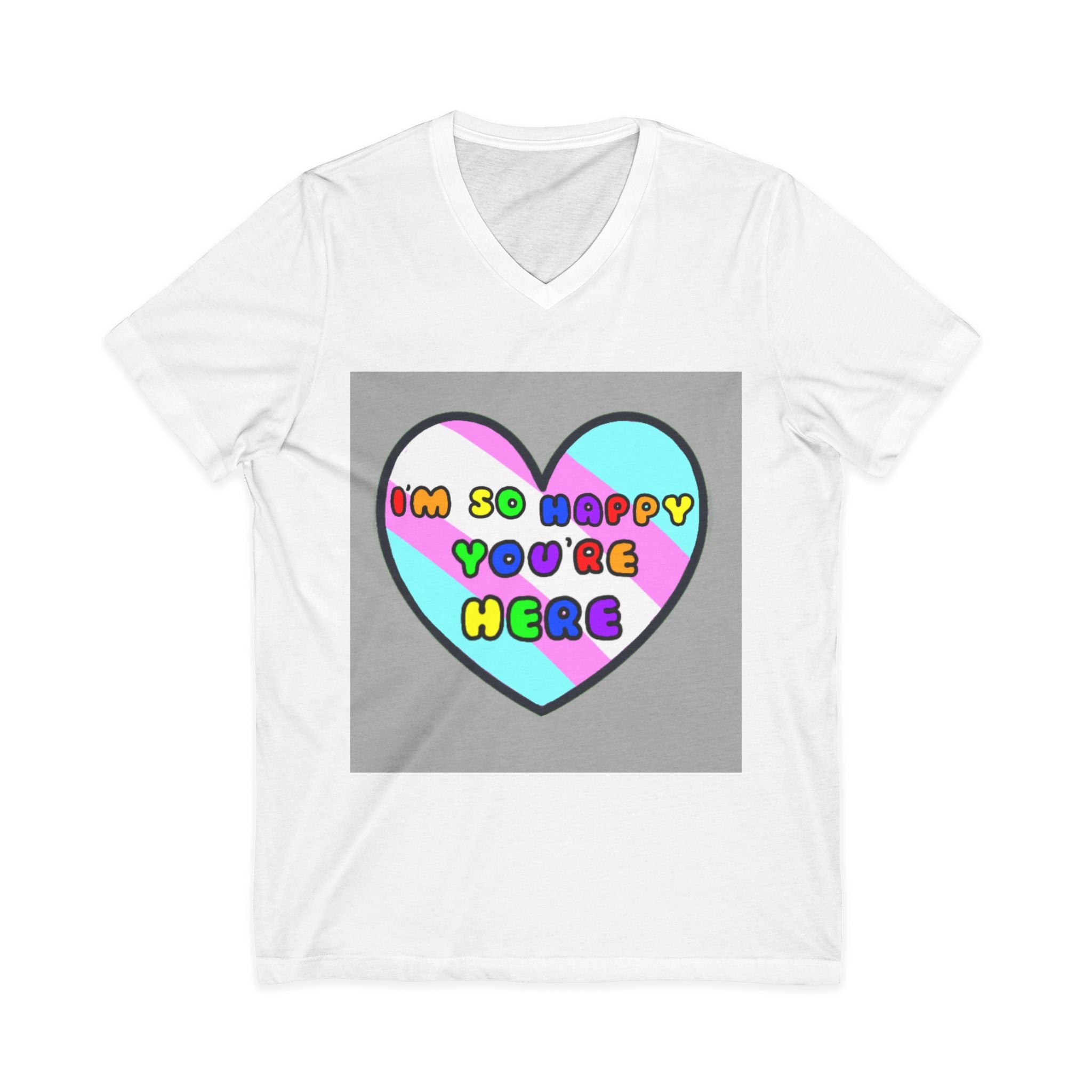 Trans Ally Pastel Heart V-Neck Tee — “I’m So Happy You’re Here”