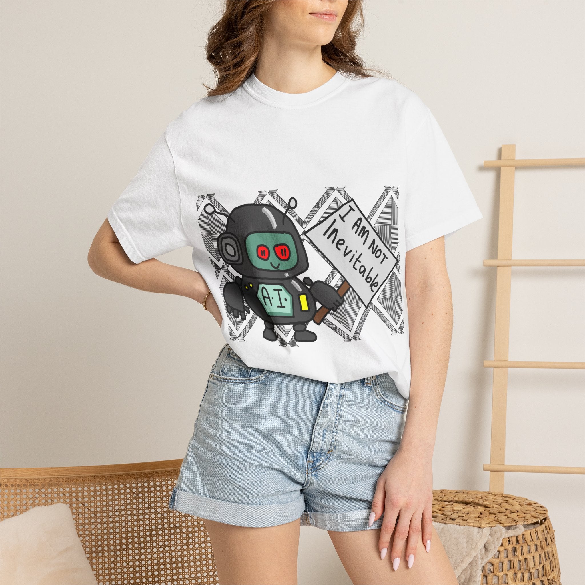 Robot Protest T-Shirt — Cute AI Holding Sign "I’m Not Inevitable"