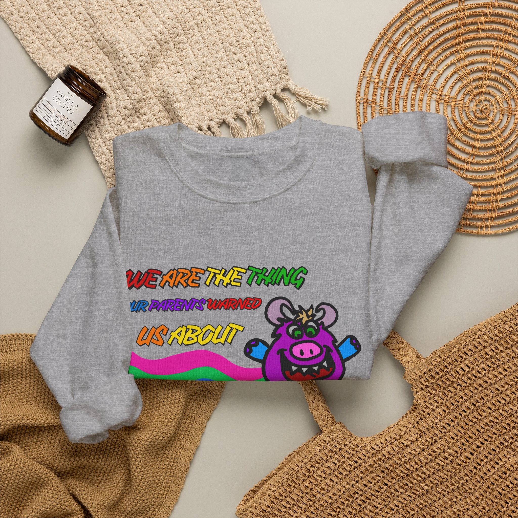 Crewneck Sweatshirt — Cute Rainbow Cow "We Are The Thing Our Parents Warned Us About" Graphic