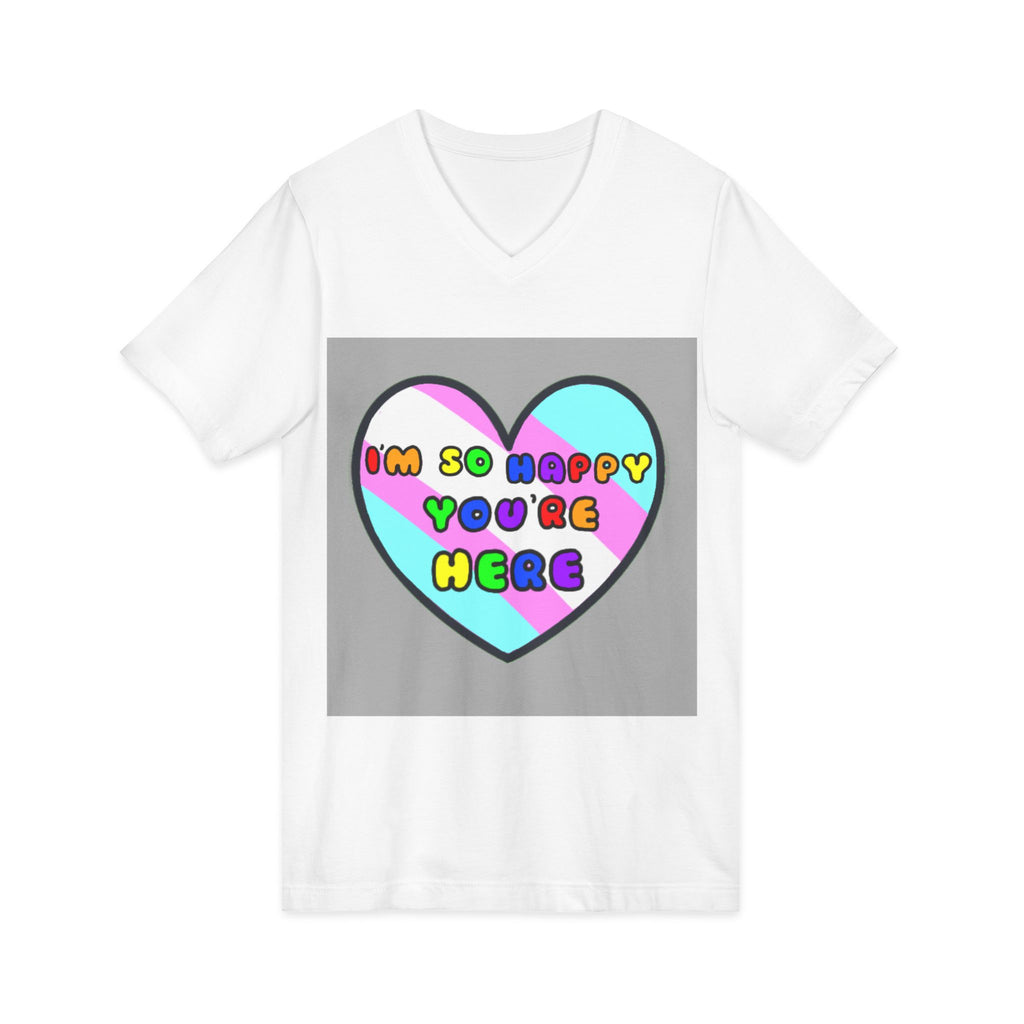 Trans Ally Pastel Heart V-Neck Tee — “I’m So Happy You’re Here”