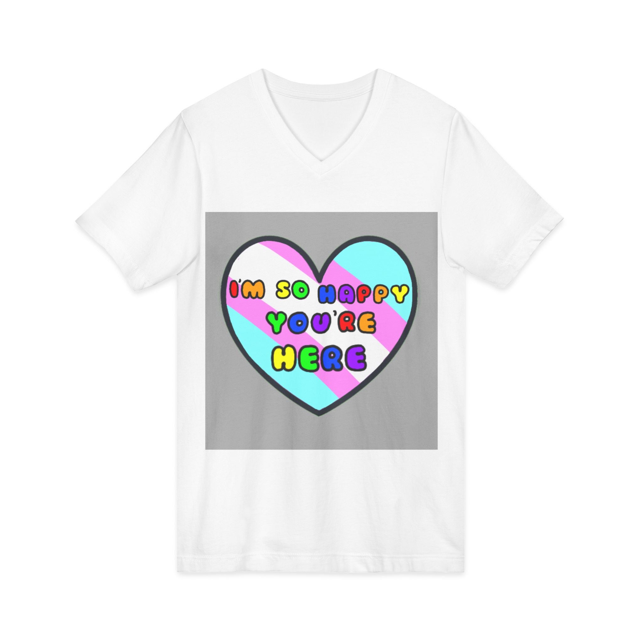 Trans Ally Pastel Heart V-Neck Tee — “I’m So Happy You’re Here”