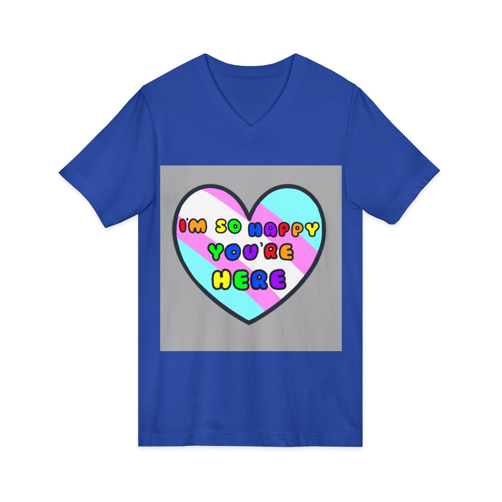 Trans Ally Pastel Heart V-Neck Tee — “I’m So Happy You’re Here”