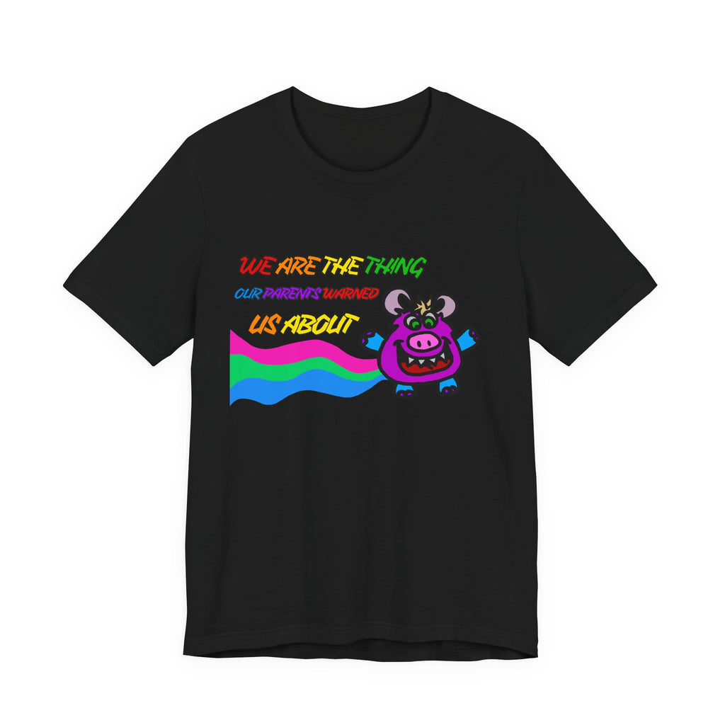 Retro Rainbow Cow Tee – “We Are The Thing Our Parents Warned Us About” Graphic T-Shirt
