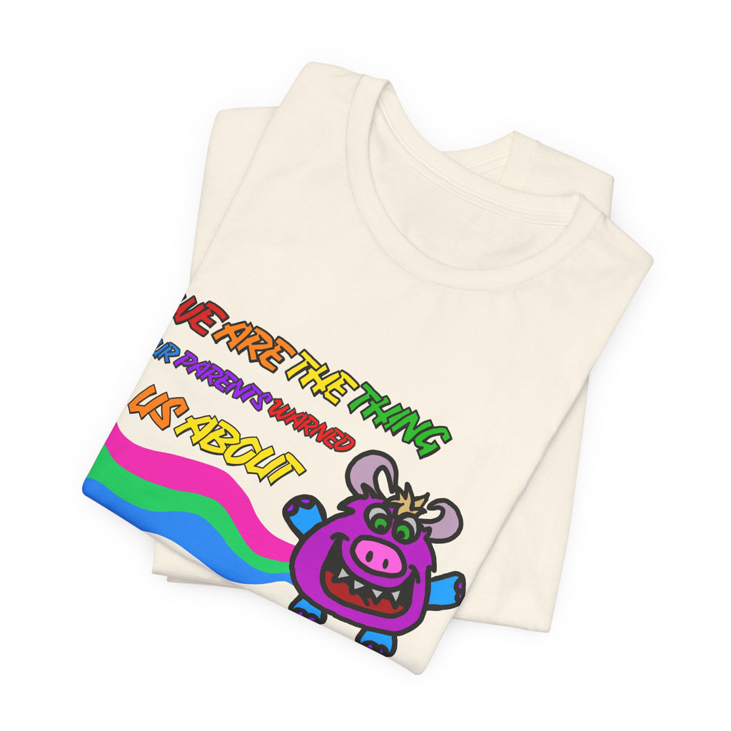 Retro Rainbow Cow Tee – “We Are The Thing Our Parents Warned Us About” Graphic T-Shirt