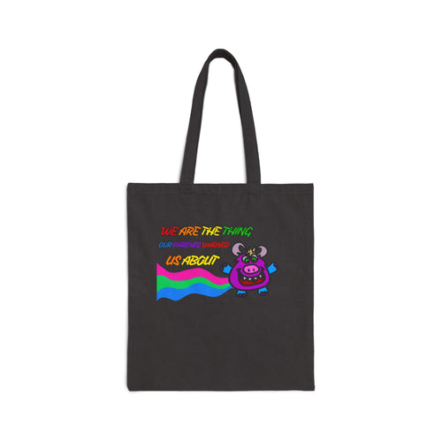 Cute Cow Canvas Tote Bag — "We Are The Thing" Rainbow Graphic Grocery Tote