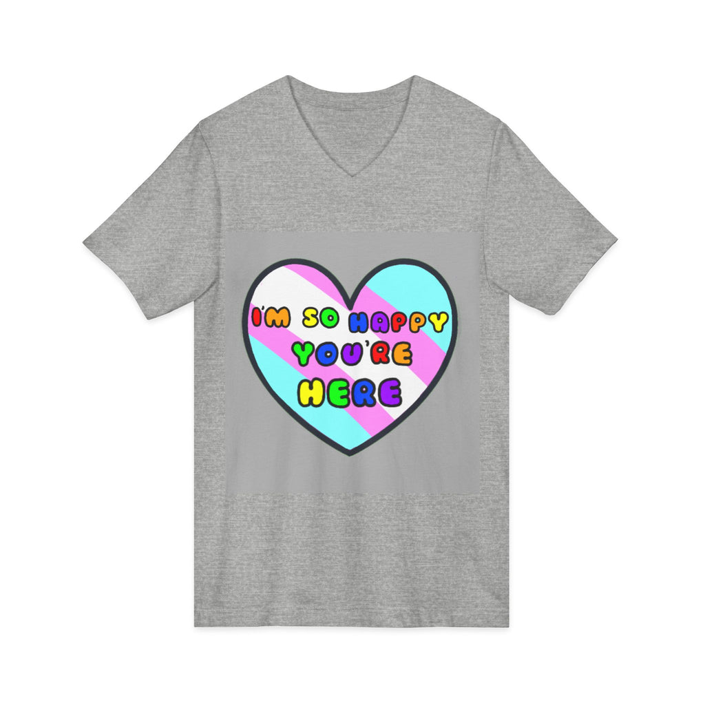 Trans Ally Pastel Heart V-Neck Tee — “I’m So Happy You’re Here”