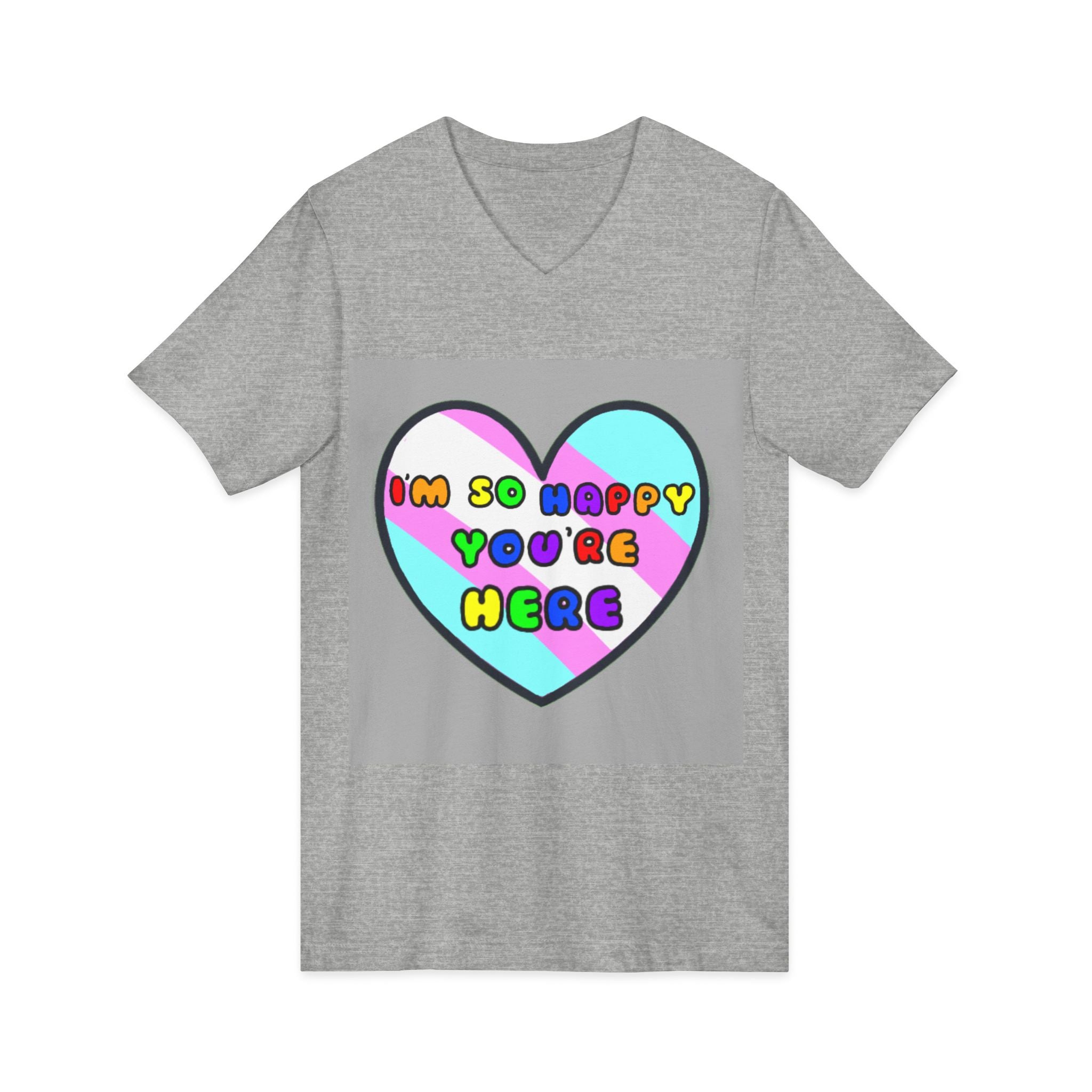 Trans Ally Pastel Heart V-Neck Tee — “I’m So Happy You’re Here”
