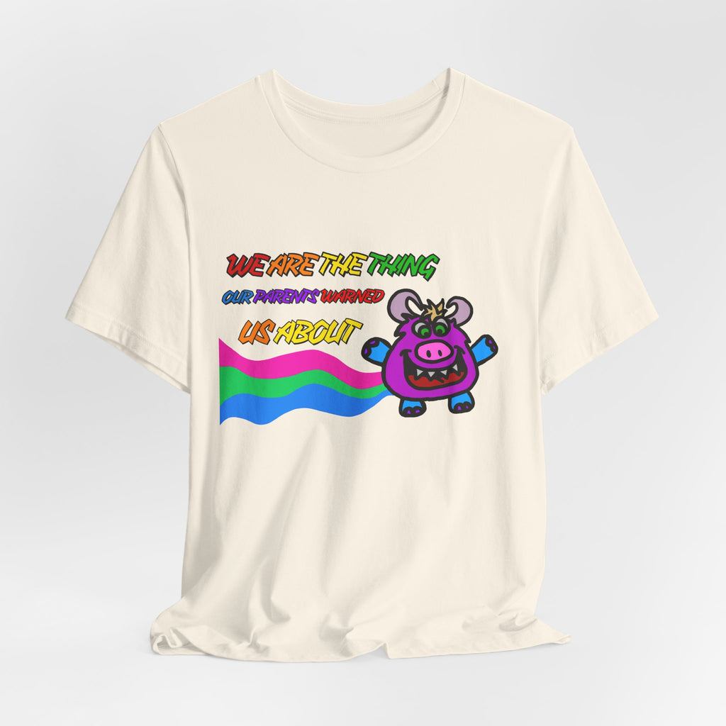 Retro Rainbow Cow Tee – “We Are The Thing Our Parents Warned Us About” Graphic T-Shirt