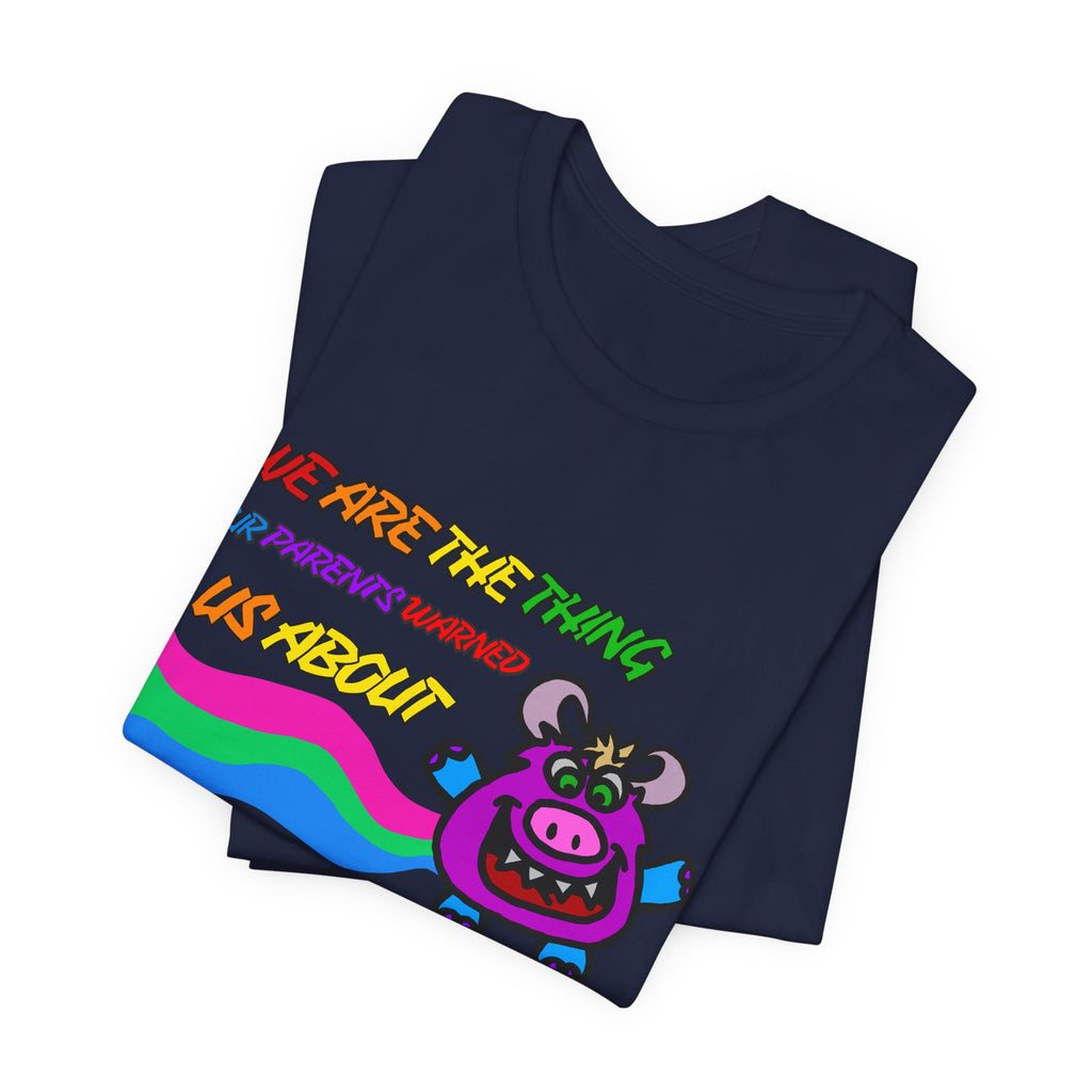 Retro Rainbow Cow Tee – “We Are The Thing Our Parents Warned Us About” Graphic T-Shirt