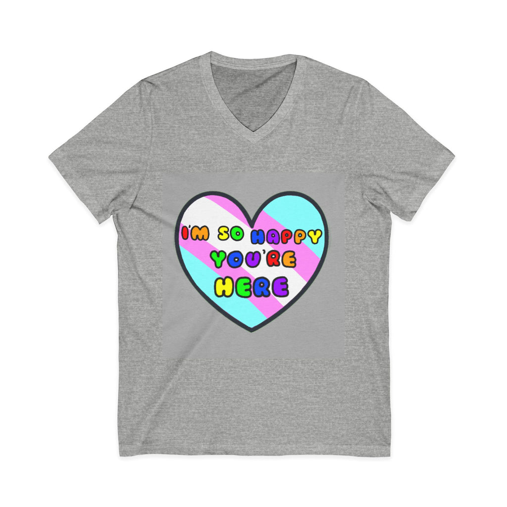 Trans Ally Pastel Heart V-Neck Tee — “I’m So Happy You’re Here”