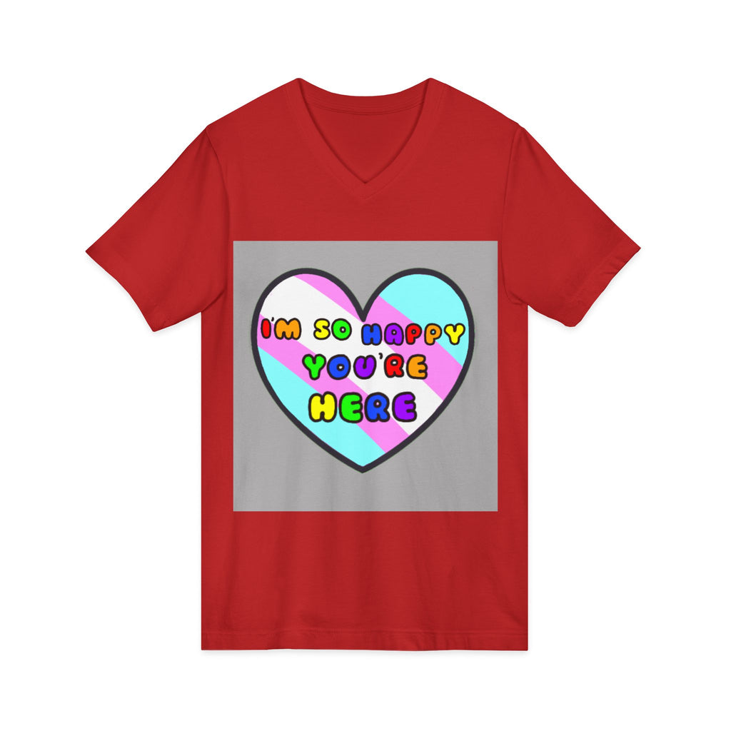 Trans Ally Pastel Heart V-Neck Tee — “I’m So Happy You’re Here”