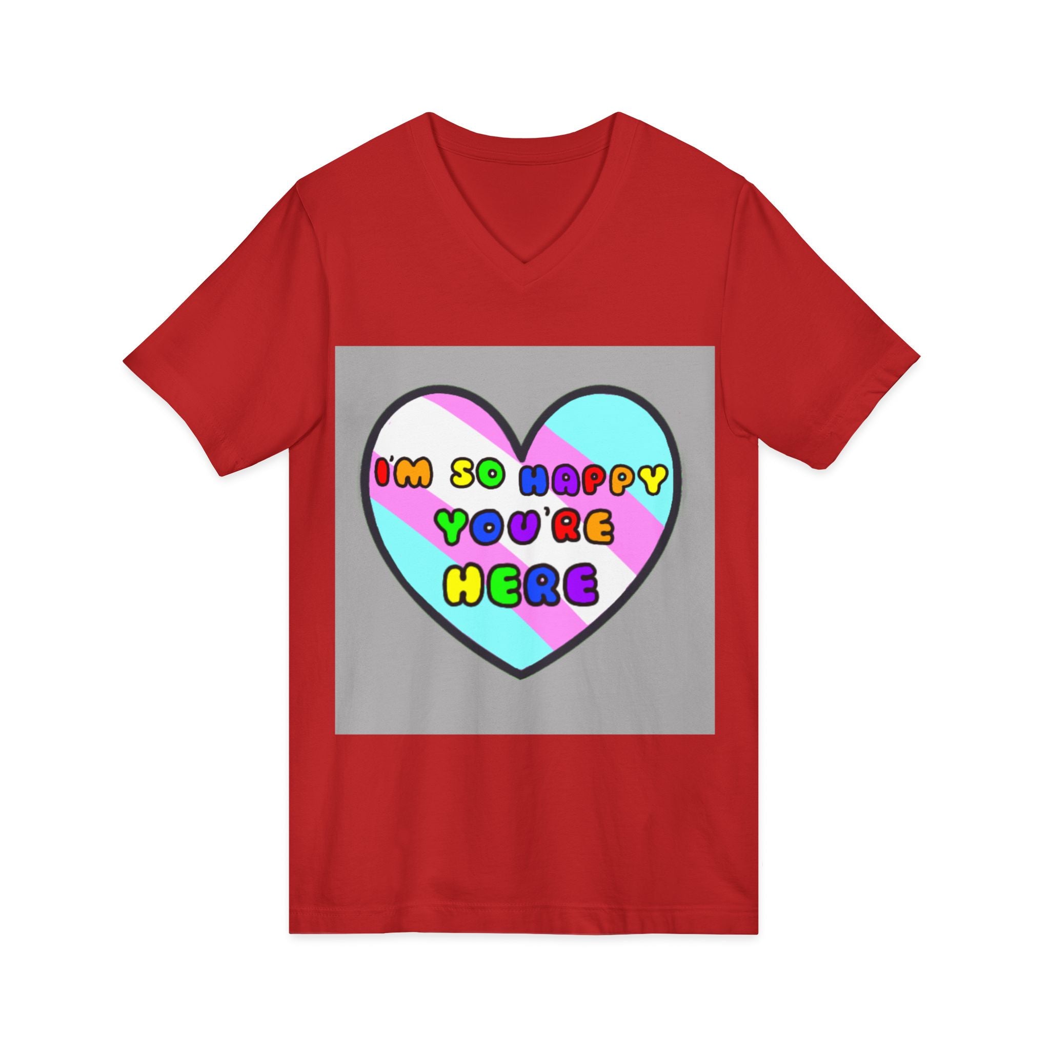 Trans Ally Pastel Heart V-Neck Tee — “I’m So Happy You’re Here”