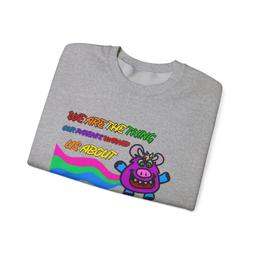 Crewneck Sweatshirt — Cute Rainbow Cow "We Are The Thing Our Parents Warned Us About" Graphic