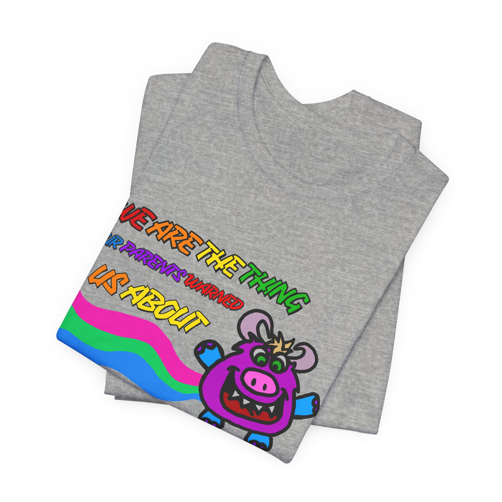 Retro Rainbow Cow Tee – “We Are The Thing Our Parents Warned Us About” Graphic T-Shirt