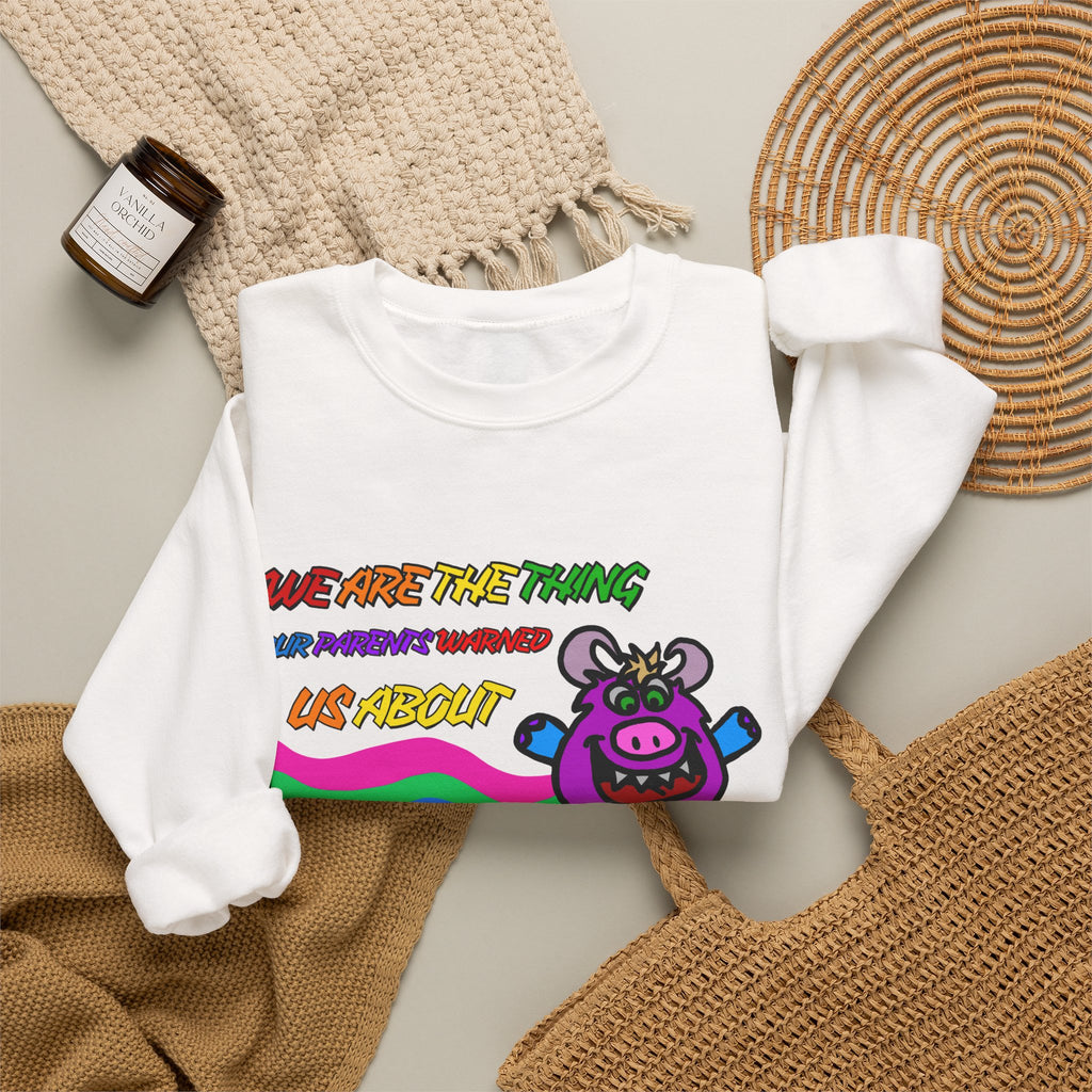 Crewneck Sweatshirt — Cute Rainbow Cow "We Are The Thing Our Parents Warned Us About" Graphic