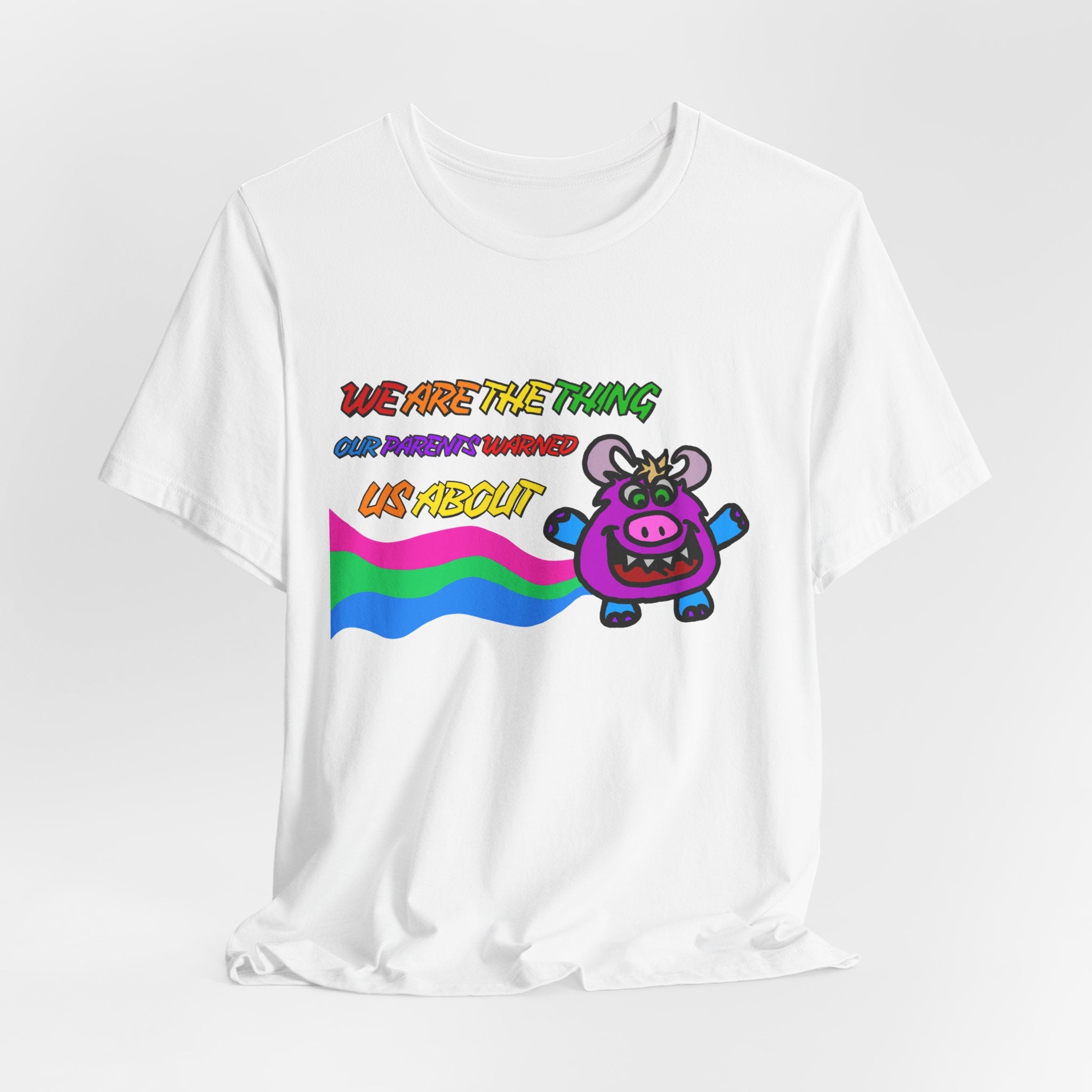 Retro Rainbow Cow Tee – “We Are The Thing Our Parents Warned Us About” Graphic T-Shirt