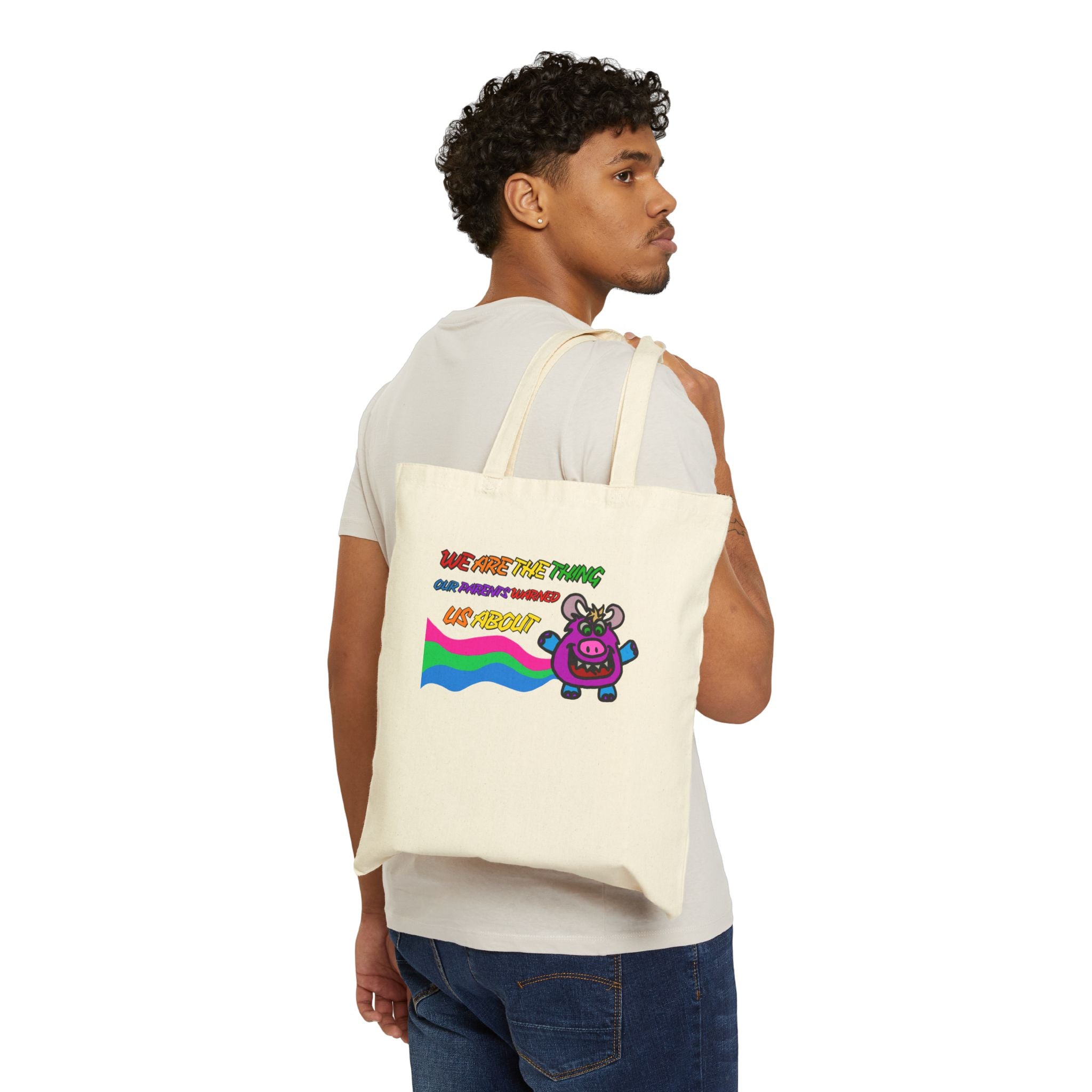 Cute Cow Canvas Tote Bag — "We Are The Thing" Rainbow Graphic Grocery Tote