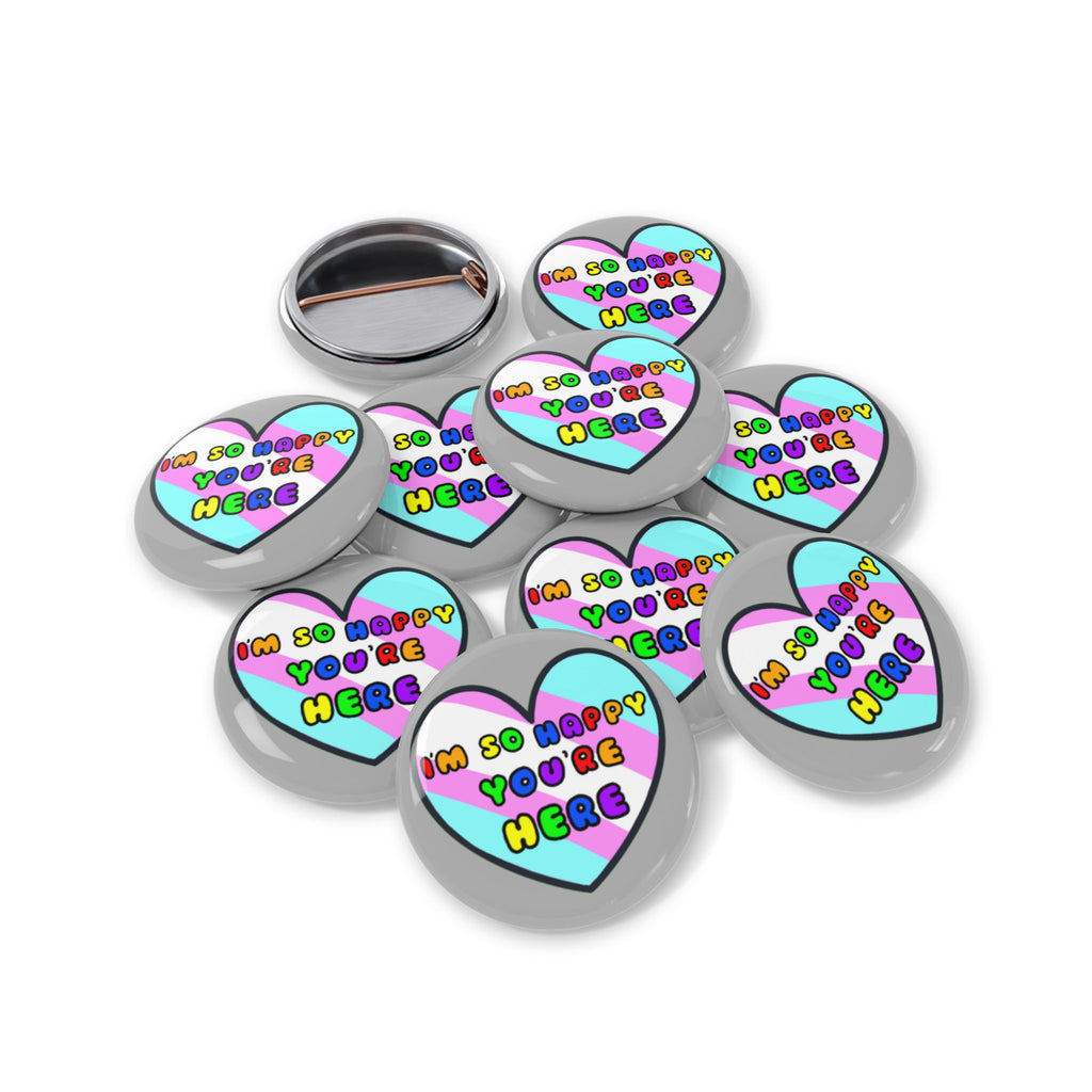 Round Pin — “I’m So Happy You’re Here” Colorful Heart Welcome Button