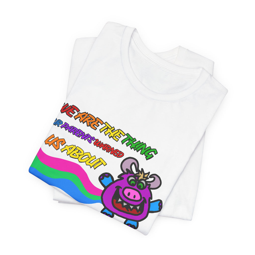 Retro Rainbow Cow Tee – “We Are The Thing Our Parents Warned Us About” Graphic T-Shirt