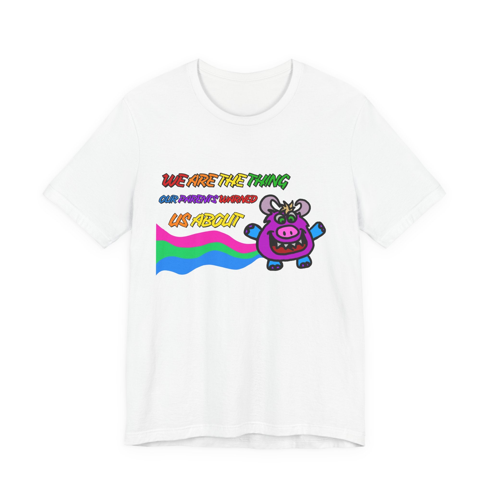 Retro Rainbow Cow Tee – “We Are The Thing Our Parents Warned Us About” Graphic T-Shirt