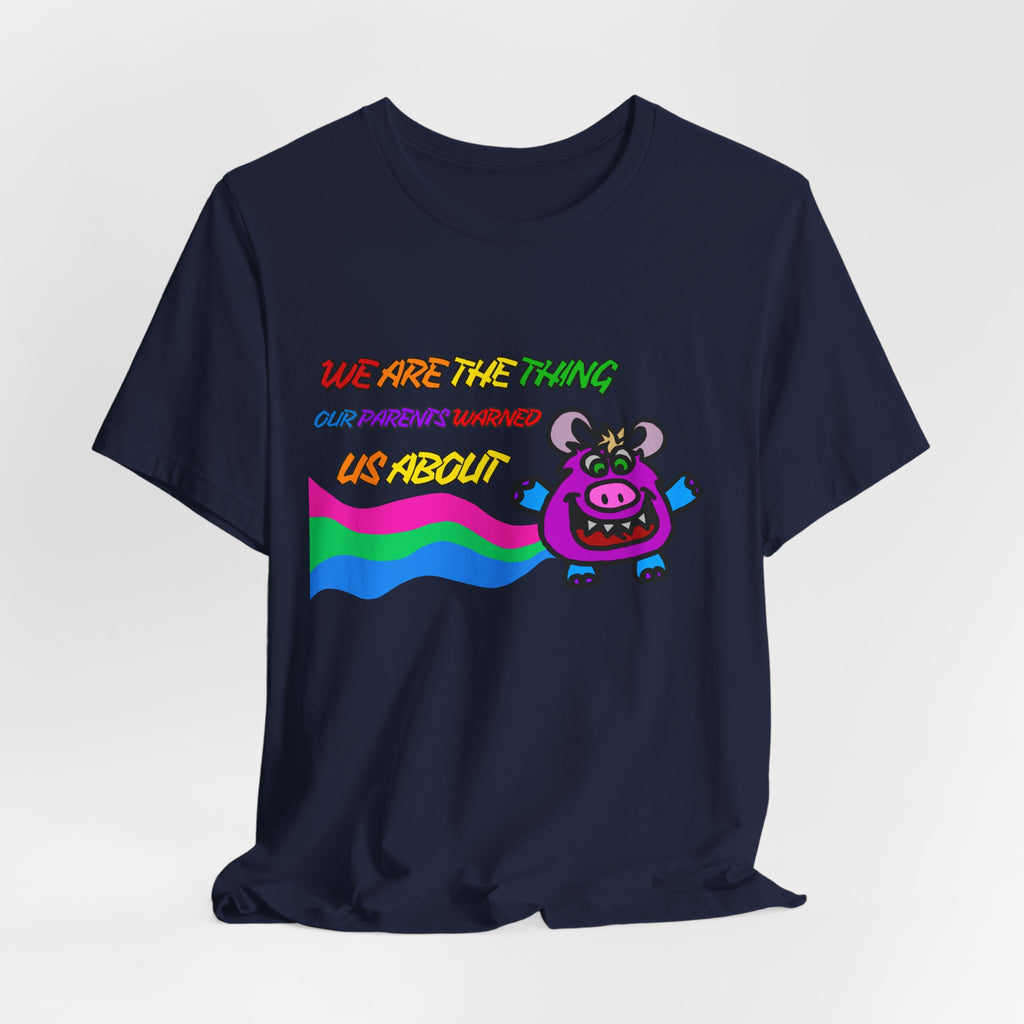 Retro Rainbow Cow Tee – “We Are The Thing Our Parents Warned Us About” Graphic T-Shirt