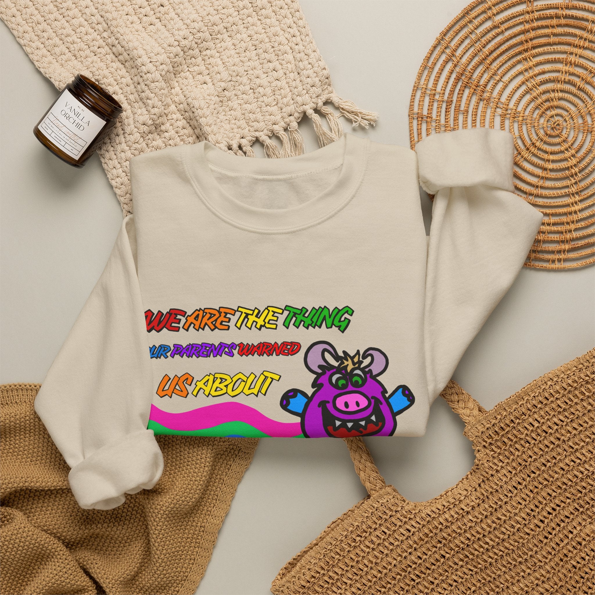 Crewneck Sweatshirt — Cute Rainbow Cow "We Are The Thing Our Parents Warned Us About" Graphic