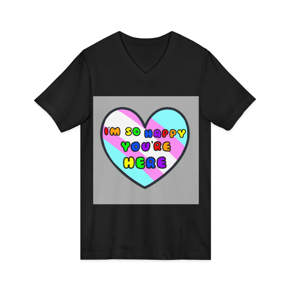 Trans Ally Pastel Heart V-Neck Tee — “I’m So Happy You’re Here”