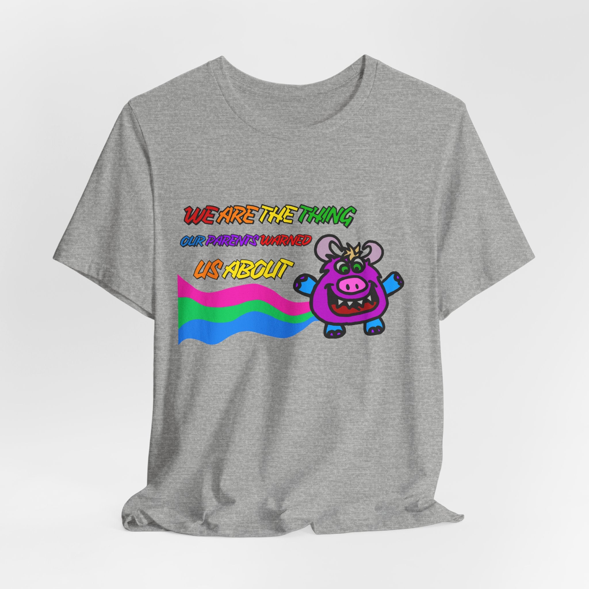 Retro Rainbow Cow Tee – “We Are The Thing Our Parents Warned Us About” Graphic T-Shirt