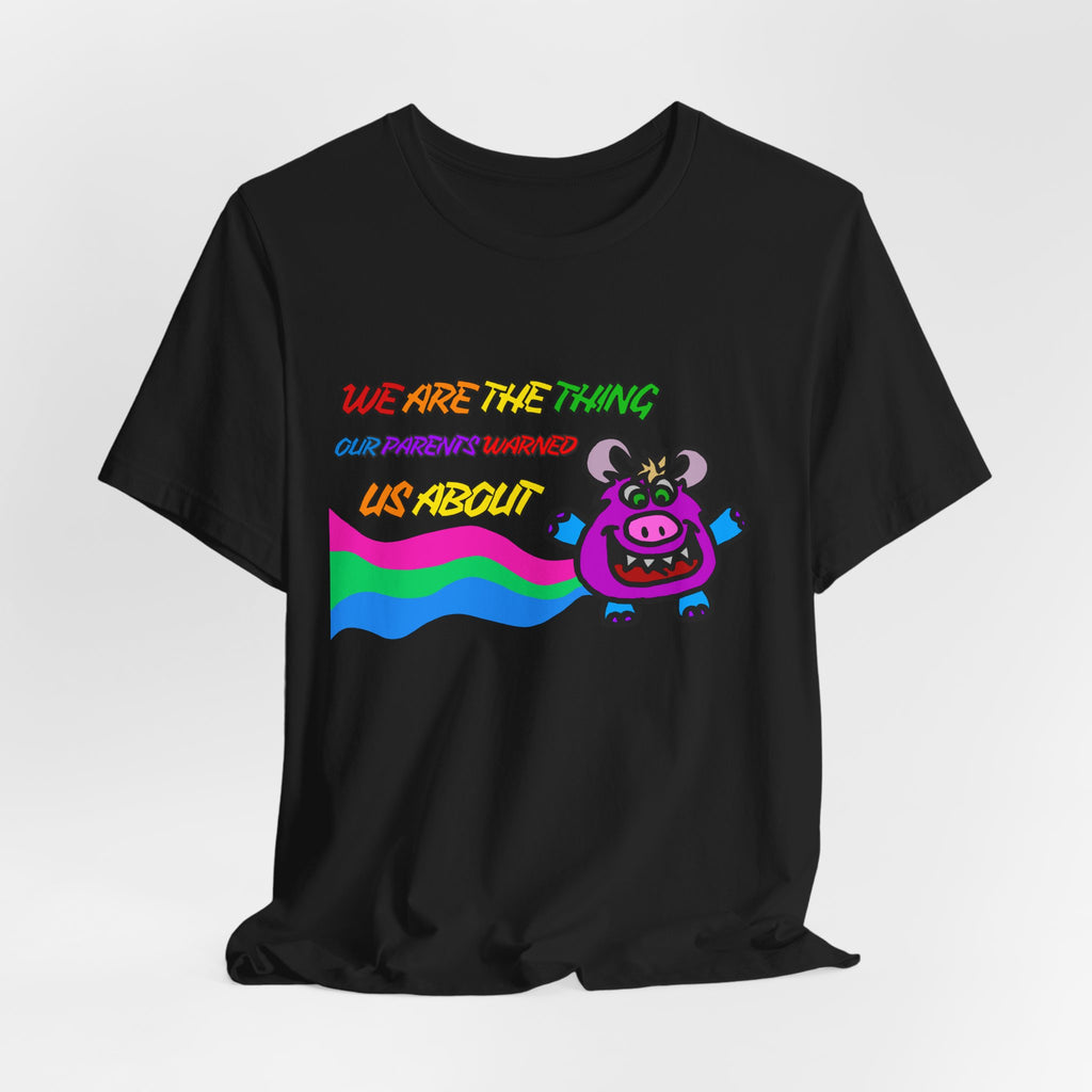 Retro Rainbow Cow Tee – “We Are The Thing Our Parents Warned Us About” Graphic T-Shirt