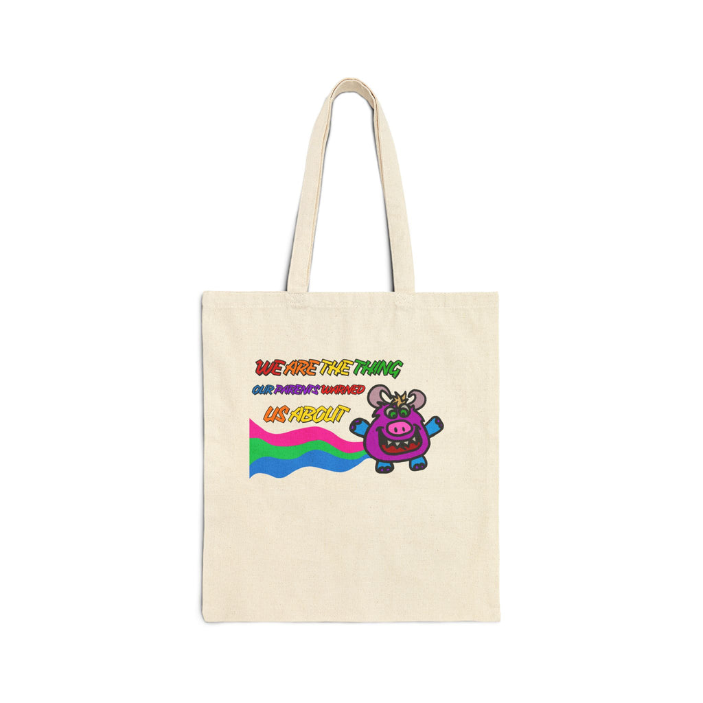 Cute Cow Canvas Tote Bag — "We Are The Thing" Rainbow Graphic Grocery Tote