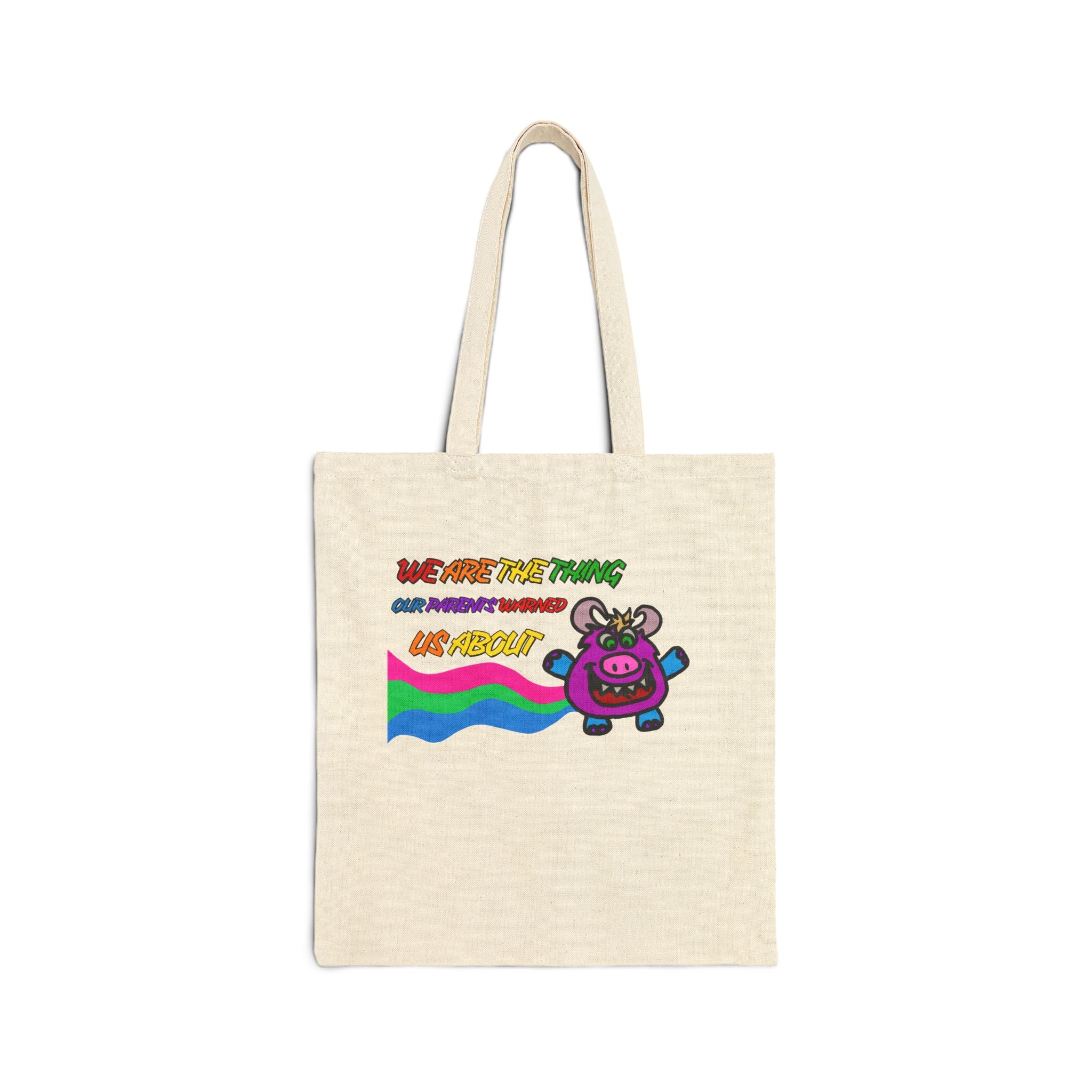 Cute Cow Canvas Tote Bag — "We Are The Thing" Rainbow Graphic Grocery Tote