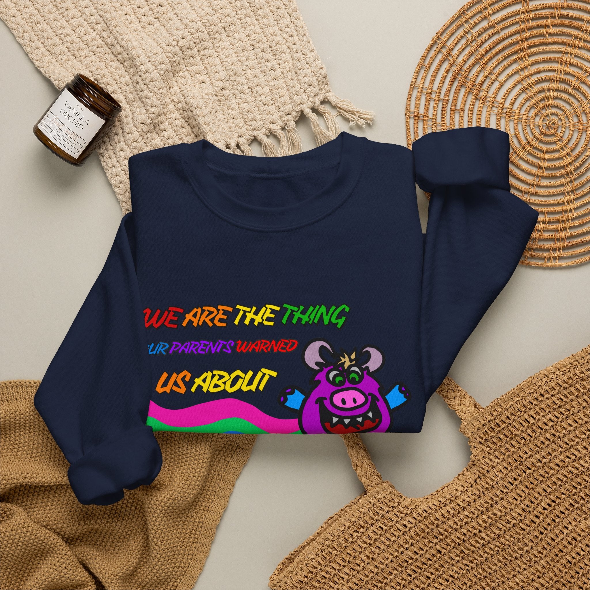 Crewneck Sweatshirt — Cute Rainbow Cow "We Are The Thing Our Parents Warned Us About" Graphic