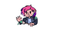 A small cartoon-style character with pink hair, a black jacket, and a green wristband, shown on a plain white background.