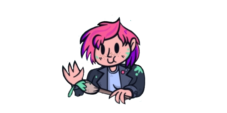 A small cartoon-style character with pink hair, a black jacket, and a green wristband, shown on a plain white background.